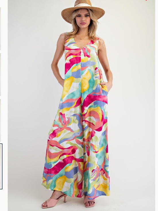 easel Pants - Easel V NECK PRINTED RAYON CHALLIS JUMPSUIT PANTS